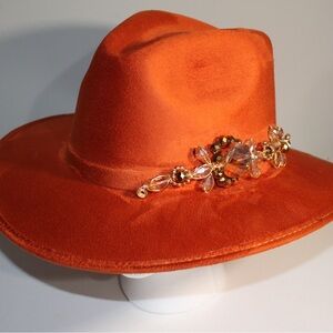 Elegant Orange Women's Hat with Crystal Embellishments